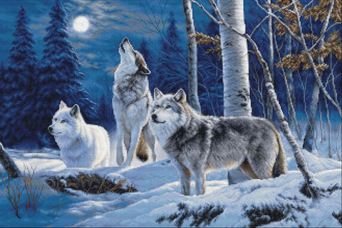 Luca-S Wolf Howling Winter Moon Cross Stitch Kit 52x35cm, Zweigart, 51 Colors