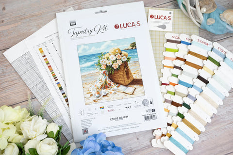 Petit Point Embroidery Kit Azure Beach, 18x18 cm, Luca-S Cotton Threads, 53 Colors, Zweigart 25 Count Canvas, Nature Theme
