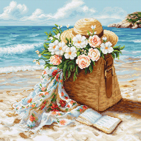 Petit Point Embroidery Kit Azure Beach, 18x18 cm, Luca-S Cotton Threads, 53 Colors, Zweigart 25 Count Canvas, Nature Theme
