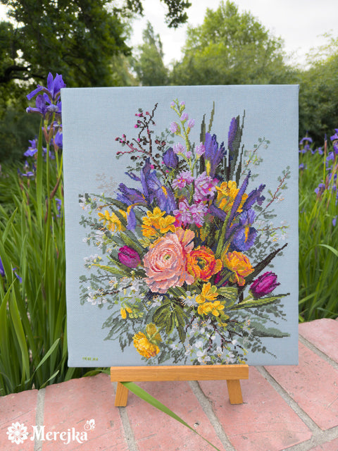 Merejka Garden Awakening Cross Stitch Kit, Floral Spring Garden Design, 40 × 31 cm, Canvas, Threads, Needle and Pattern