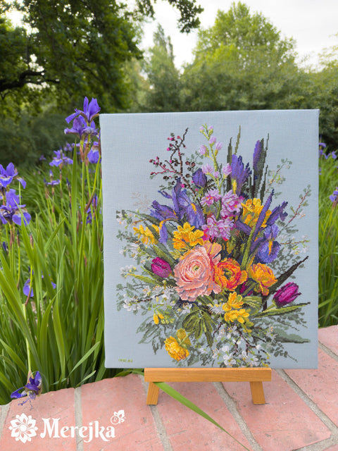 Merejka Garden Awakening Cross Stitch Kit, Floral Spring Garden Design, 40 × 31 cm, Canvas, Threads, Needle and Pattern
