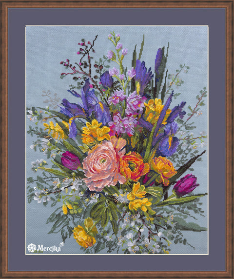 Merejka Garden Awakening Cross Stitch Kit, Floral Spring Garden Design, 40 × 31 cm, Canvas, Threads, Needle and Pattern