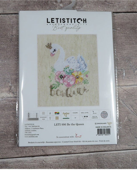 LetiStitch Be the Queen Cross Stitch Kit, 14 x 11 cm, Zweigart Aida 16ct, Anchor and Madeira Threads