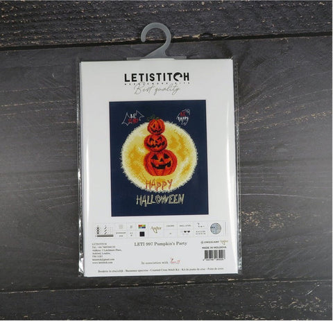 LetiStitch Pumpkin's Party Cross Stitch Kit, 16 x 13 cm, Zweigart Aida 16ct, Anchor Threads