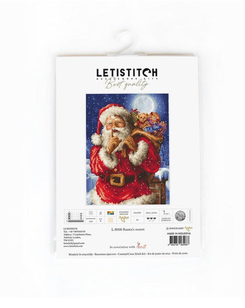 LetiStitch Santa’s Secret Cross Stitch Kit, 27 x 20 cm, Zweigart Aida 16ct with Anchor Threads