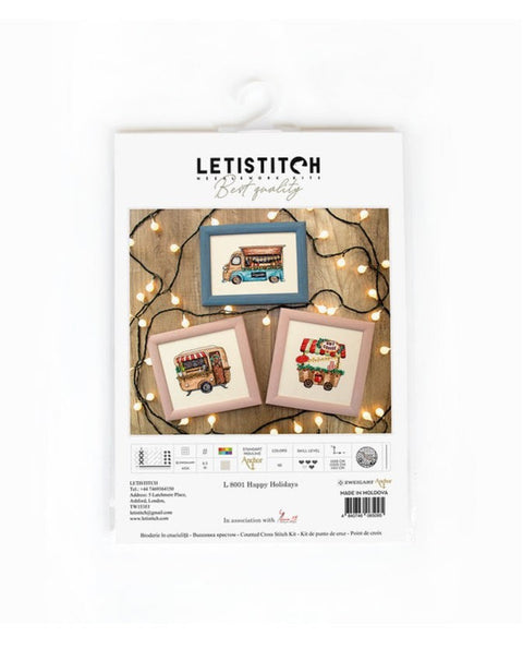 LetiStitch Happy Holidays Cross Stitch Kit, Zweigart Aida 18 Count, Anchor Threads, 3 Designs, 14x8 to 11x11 cm