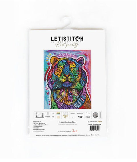 LetiStitch Curious Tiger Cross Stitch Kit, 32 x 25 cm, 16 Count Zweigart Aida, Anchor Threads, Multilingual Instructions