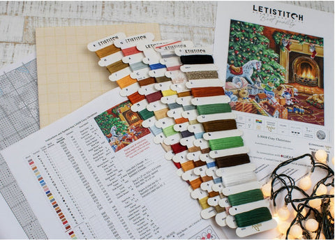 Cozy Christmas Cross Stitch Kit, LetiStitch, 27 x 27 cm, Zweigart Aida 16ct, Cotton Thread, Beads & Metallic Gold Thread