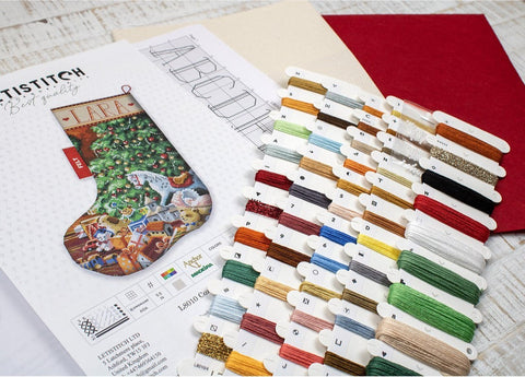 Cozy Christmas Stocking Cross Stitch Kit, LetiStitch, 24.5 x 37 cm, Aida 14ct, Cotton Threads, Metallic Thread and Beads