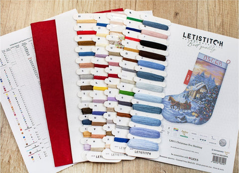 LetiStitch Christmas Eve Stocking Cross Stitch Kit, 24.5 x 37 cm, Aida 14ct, Red Felt Backing, Anchor Threads & Beads