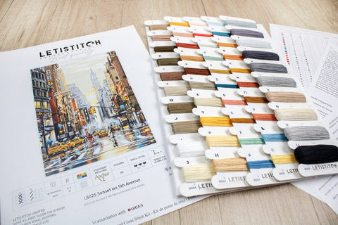 LetiStitch Sunset on 5th Avenue Cross Stitch Kit, Cities Collection, 29 x 40 cm, Zweigart Aida 16ct, Anchor Cotton Floss