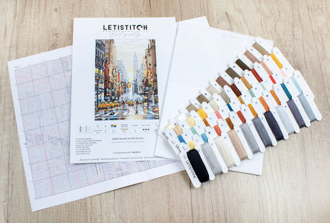 LetiStitch Sunset on 5th Avenue Cross Stitch Kit, Cities Collection, 29 x 40 cm, Zweigart Aida 16ct, Anchor Cotton Floss
