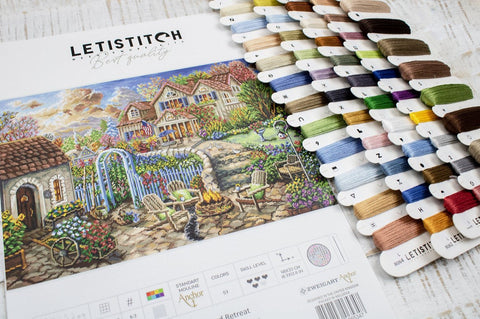 Cross Stitch Kit Backyard Retreat, LetiStitch, 48 x 33 cm, Zweigart Aida 16 Count, Anchor Cotton Threads, Discontinued