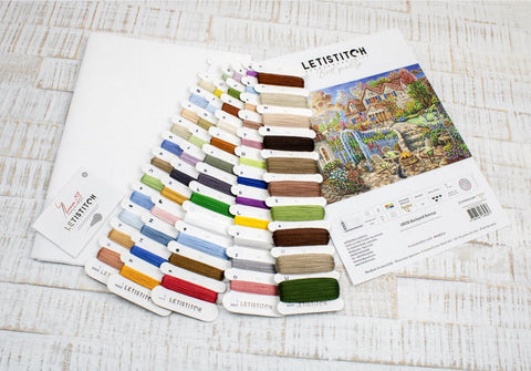 Cross Stitch Kit Backyard Retreat, LetiStitch, 48 x 33 cm, Zweigart Aida 16 Count, Anchor Cotton Threads, Discontinued