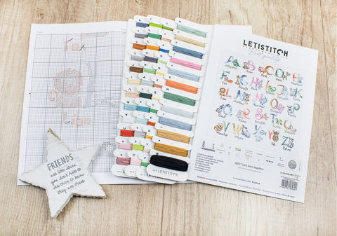 LetiStitch Cross Stitch Kit, Let's Learn Together, 43 x 41 cm, Zweigart Aida 16ct, Anchor Cotton Threads, Intermediate Skill