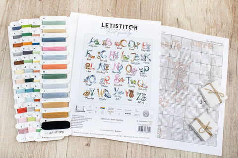 LetiStitch Cross Stitch Kit, Let's Learn Together, 43 x 41 cm, Zweigart Aida 16ct, Anchor Cotton Threads, Intermediate Skill
