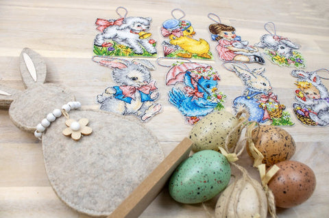 Cross Stitch Easter Ornaments Kit, Set of 8, LetiStitch, 14 Count Plastic Canvas, 11 x 8 cm Each, Anchor Cotton Threads