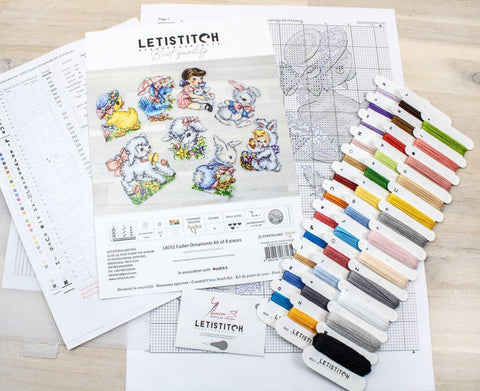 Cross Stitch Easter Ornaments Kit, Set of 8, LetiStitch, 14 Count Plastic Canvas, 11 x 8 cm Each, Anchor Cotton Threads