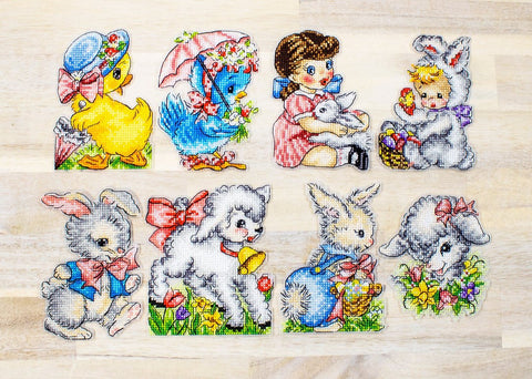 Cross Stitch Easter Ornaments Kit, Set of 8, LetiStitch, 14 Count Plastic Canvas, 11 x 8 cm Each, Anchor Cotton Threads