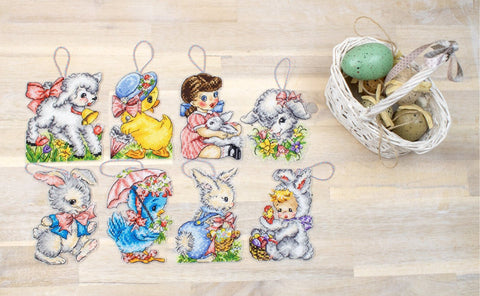 Cross Stitch Easter Ornaments Kit, Set of 8, LetiStitch, 14 Count Plastic Canvas, 11 x 8 cm Each, Anchor Cotton Threads