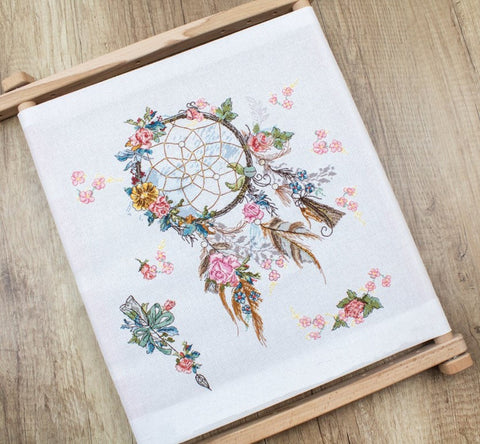 Spring Dreams Cross Stitch Kit with Beads, LetiStitch, 29x31 cm, Zweigart Aida 16ct Ivory, Anchor Cotton Threads