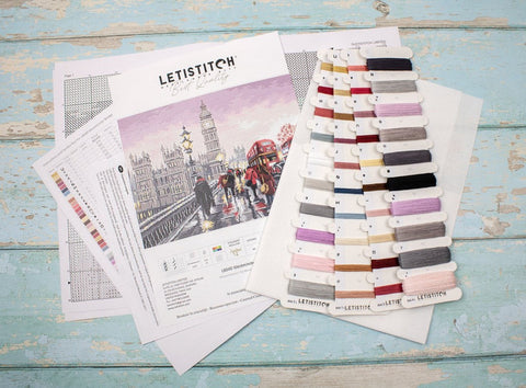 Westminster Bridge Cross Stitch Kit, LetiStitch Cities Collection, 12.5 x 9.1 in, Zweigart Aida 16ct, Anchor Cotton Threads