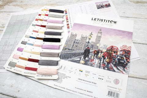 Westminster Bridge Cross Stitch Kit, LetiStitch Cities Collection, 12.5 x 9.1 in, Zweigart Aida 16ct, Anchor Cotton Threads