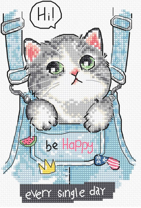 LetiStitch Be Happy Cross Stitch Kit, 15 x 10 cm, Zweigart Aida 16ct, 100% Anchor Cotton Thread, Black Symbol Chart