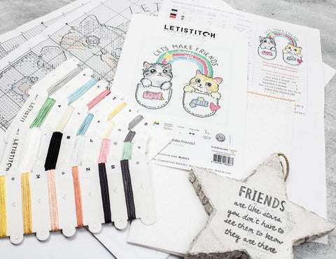 Cross Stitch Kit Let’s Make Friends, LetiStitch, 16 x 14 cm, Zweigart Aida 16ct, 100% Cotton Anchor Threads