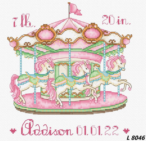 Baby Carousel Cross Stitch Kit, LetiStitch, 16ct Zweigart Aida, Cotton Thread, 6.1 x 6.5 Inch, Customizable Alphabet Chart