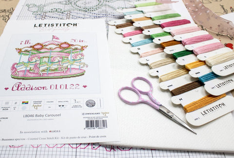 Baby Carousel Cross Stitch Kit, LetiStitch, 16ct Zweigart Aida, Cotton Thread, 6.1 x 6.5 Inch, Customizable Alphabet Chart