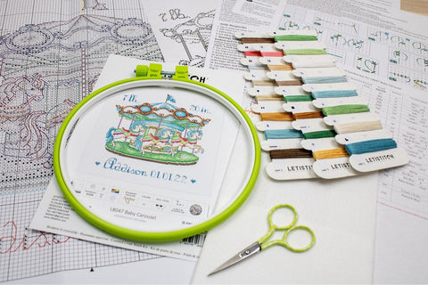 Baby Carousel Cross Stitch Kit, LetiStitch Embroidery Pattern, 16 Count Cream Aida, 6.1 x 6.5 Inch, Customizable Alphabet Chart