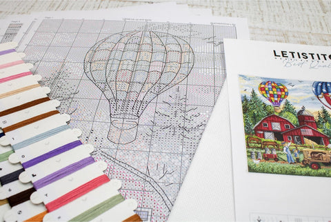 Up Up and Away Cross Stitch Kit, LetiStitch, 40 x 26 cm, Zweigart Aida 16ct, 100% Cotton Anchor Threads