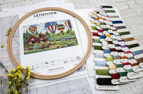 Up Up and Away Cross Stitch Kit, LetiStitch, 40 x 26 cm, Zweigart Aida 16ct, 100% Cotton Anchor Threads