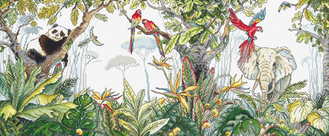 Jungle Time Cross Stitch Kit, LetiStitch, 58 x 24 cm, Zweigart Aida 16ct, Anchor Cotton Threads, Advanced Pattern