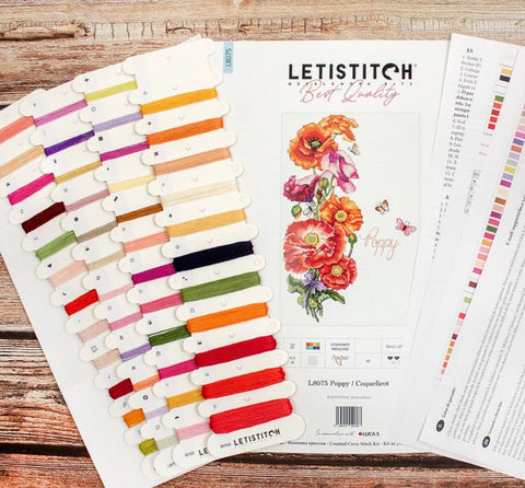 Poppy Cross Stitch Kit 35x22 cm, LetiStitch, Zweigart Aida 16ct, 100% Cotton Anchor Threads, Floral Design