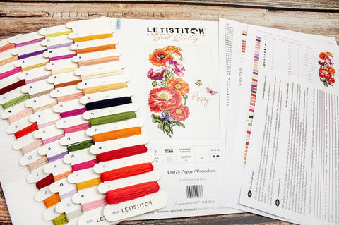 Poppy Cross Stitch Kit 35x22 cm, LetiStitch, Zweigart Aida 16ct, 100% Cotton Anchor Threads, Floral Design