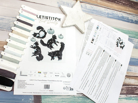Cat Constellation Cross Stitch Kit, LetiStitch, 28 x 27 cm, Zweigart Aida 16ct, Anchor Cotton Threads, Metallic Accents