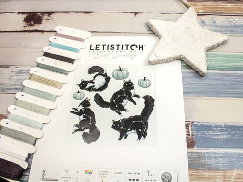 Cat Constellation Cross Stitch Kit, LetiStitch, 28 x 27 cm, Zweigart Aida 16ct, Anchor Cotton Threads, Metallic Accents