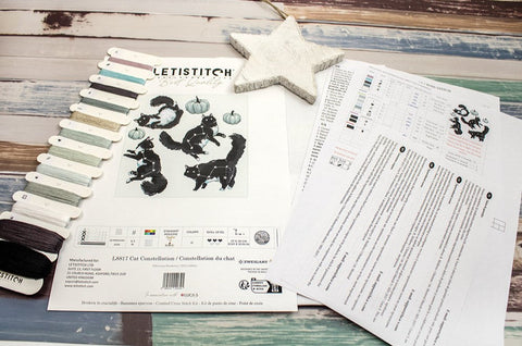 Cat Constellation Cross Stitch Kit, LetiStitch, 28 x 27 cm, Zweigart Aida 16ct, Anchor Cotton Threads, Metallic Accents