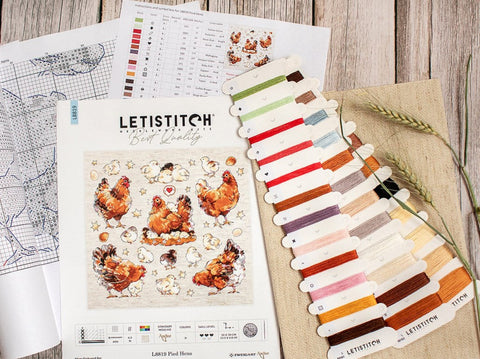 Cross Stitch Embroidery Kit Pied Hens 33 x 30 cm, LetiStitch, Zweigart Aida 16ct, Anchor Cotton Threads, Hen Design