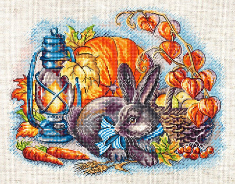 Autumn Rabbit Cross Stitch Kit, 25 x 20 cm, LetiStitch, Zweigart Aida 16ct, Anchor Cotton Threads