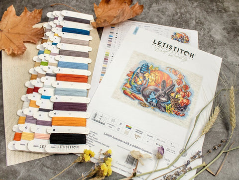 Autumn Rabbit Cross Stitch Kit, 25 x 20 cm, LetiStitch, Zweigart Aida 16ct, Anchor Cotton Threads