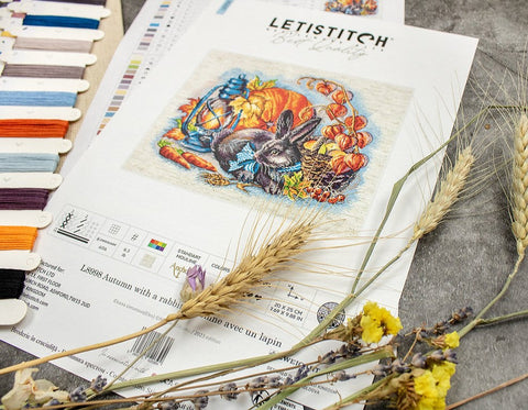 Autumn Rabbit Cross Stitch Kit, 25 x 20 cm, LetiStitch, Zweigart Aida 16ct, Anchor Cotton Threads