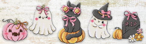 Letistitch Halloween Cross Stitch Kit, 5 Hanging Ornaments, Boo Crew Ghost and Pumpkin Designs, Aida Fabric, Embroidery Threads and Needle
