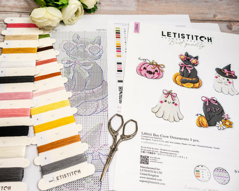 Letistitch Halloween Cross Stitch Kit, 5 Hanging Ornaments, Boo Crew Ghost and Pumpkin Designs, Aida Fabric, Embroidery Threads and Needle