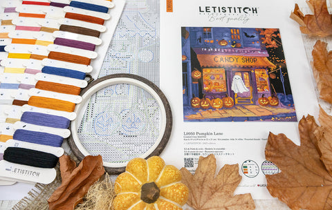 Pumpkin Lane Cross Stitch Kit, Autumn Pumpkin Design, Aida Fabric, Cotton Threads, 21×21 cm, Letistitch