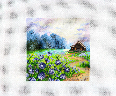 Cross Stitch Kit, Landscape with Chicory Flowers, 11 x 11 cm, MP Studia, Beginner-Friendly Needlework Project