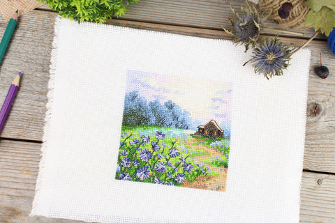 Cross Stitch Kit, Landscape with Chicory Flowers, 11 x 11 cm, MP Studia, Beginner-Friendly Needlework Project