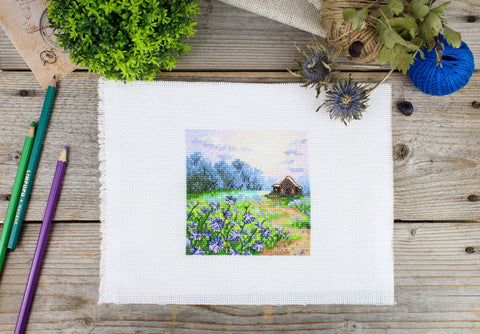 Cross Stitch Kit, Landscape with Chicory Flowers, 11 x 11 cm, MP Studia, Beginner-Friendly Needlework Project